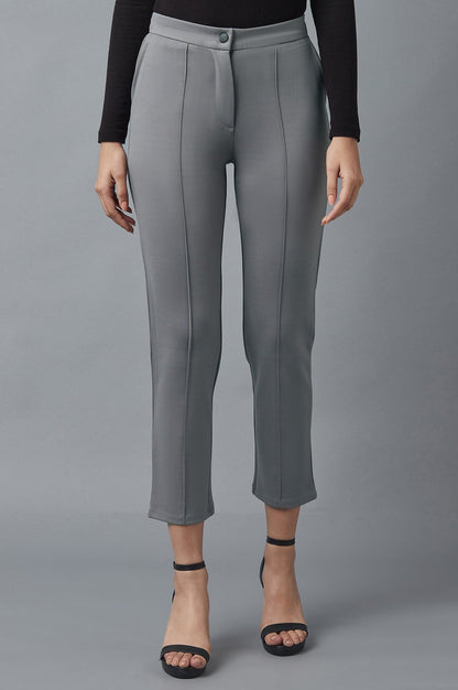 Grey Solid Straight Fit Trousers With Pintuck Detail