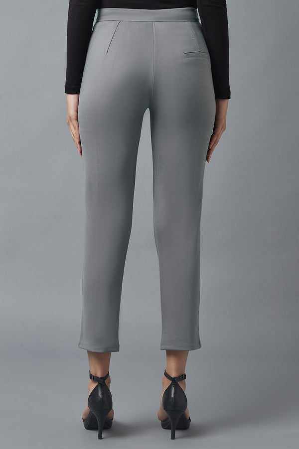 Grey Solid Straight Fit Trousers With Pintuck Detail
