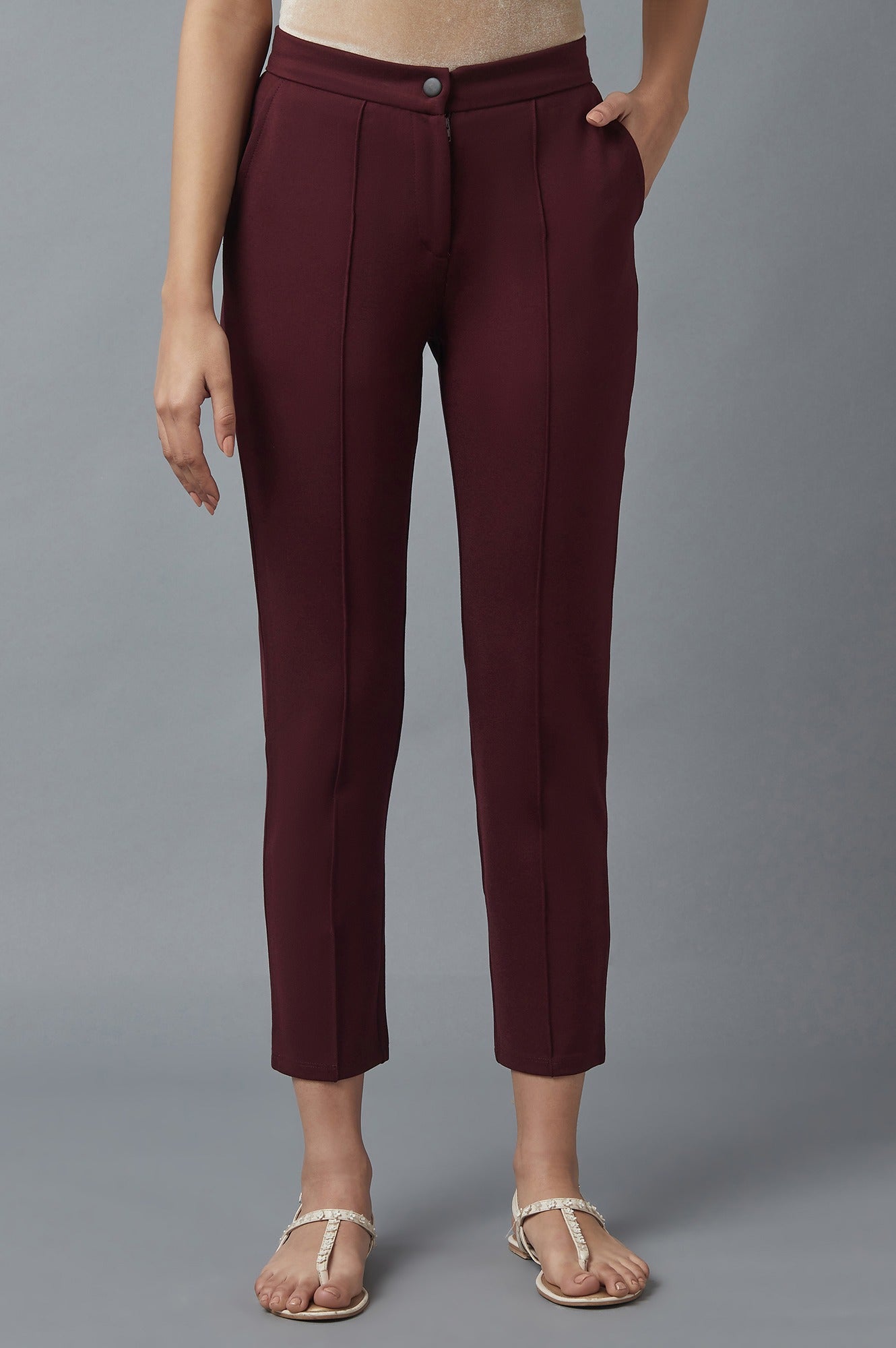 Maroon Solid Straight Fit Trousers With Pintuck Detail