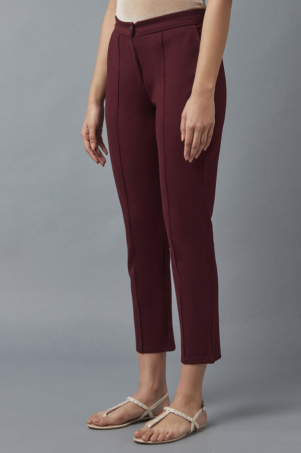Elleven Women's Maroon Solid Straight Fit Trousers With Pintuck Detail