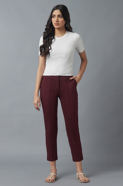 Maroon Solid Straight Fit Trousers With Pintuck Detail