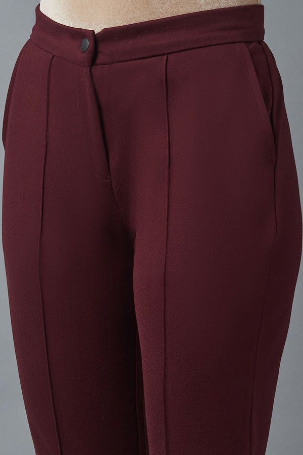 Elleven Women's Maroon Solid Straight Fit Trousers With Pintuck Detail
