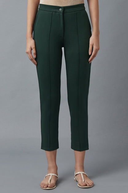 Bottle Green Solid Straight Fit Trousers With Pintuck Detail