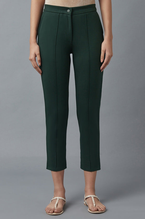 Elleven Women's Bottle Green Solid Straight Fit Trousers With Pintuck Detail