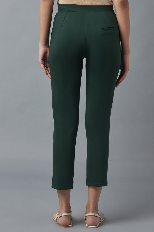 Bottle Green Solid Straight Fit Trousers With Pintuck Detail