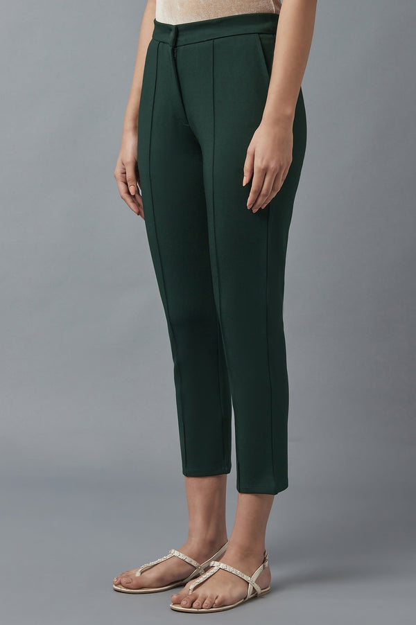 Elleven Women's Bottle Green Solid Straight Fit Trousers With Pintuck Detail