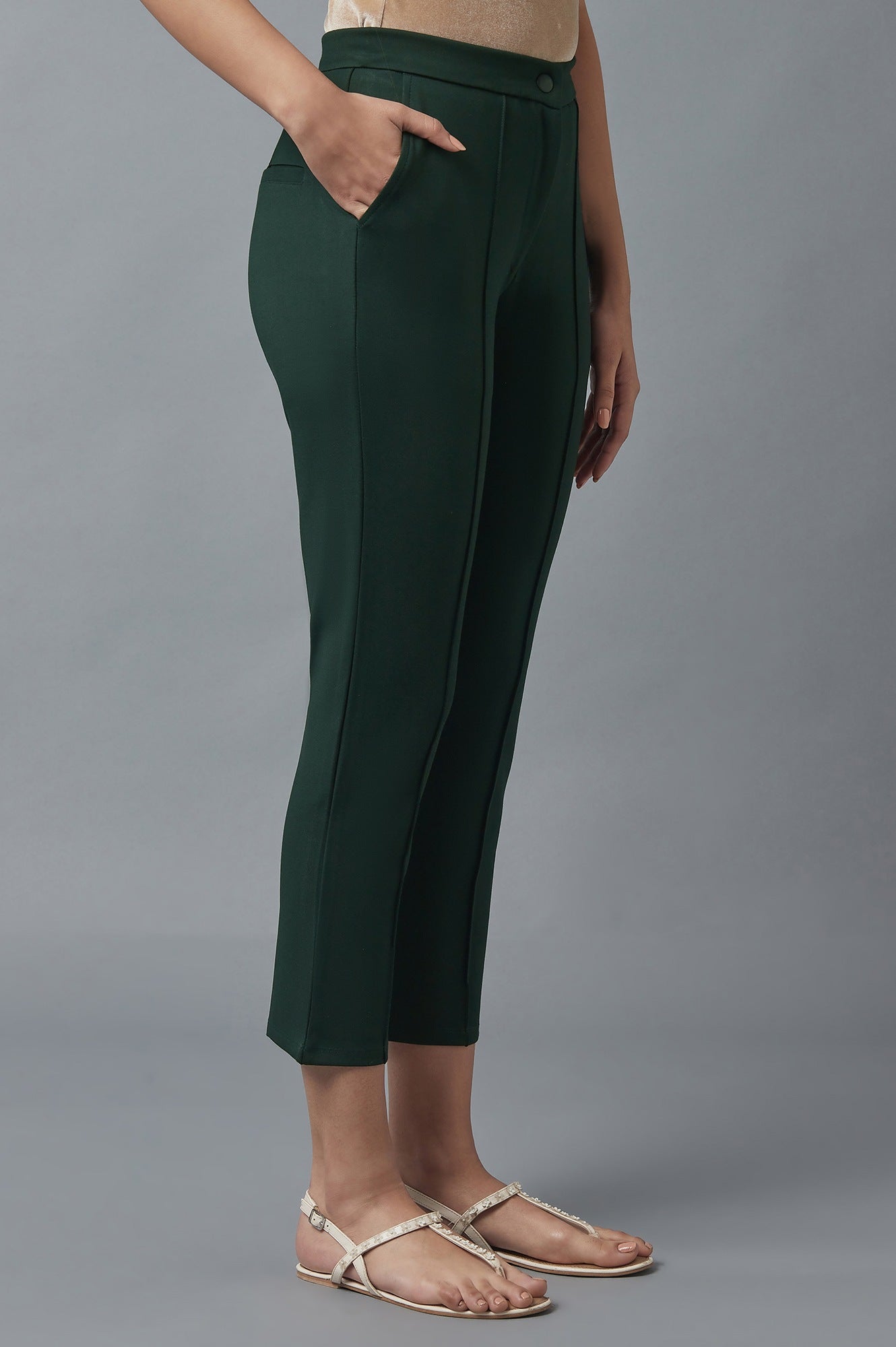 Bottle Green Solid Straight Fit Trousers With Pintuck Detail