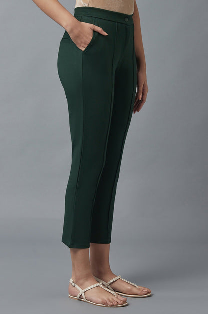 Bottle Green Solid Straight Fit Trousers With Pintuck Detail