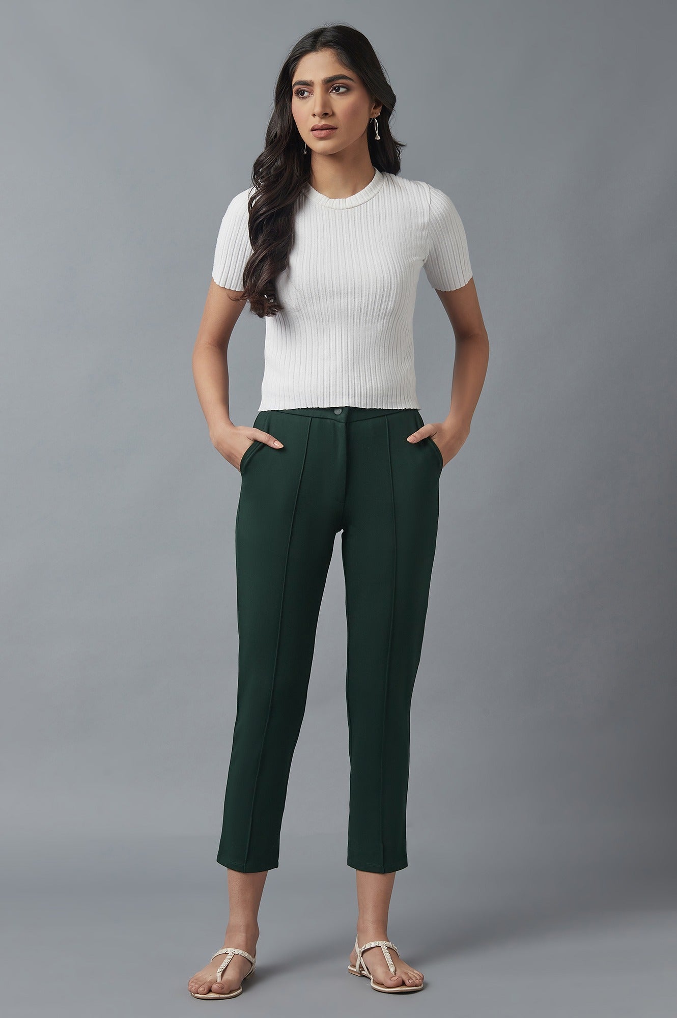 Bottle Green Solid Straight Fit Trousers With Pintuck Detail