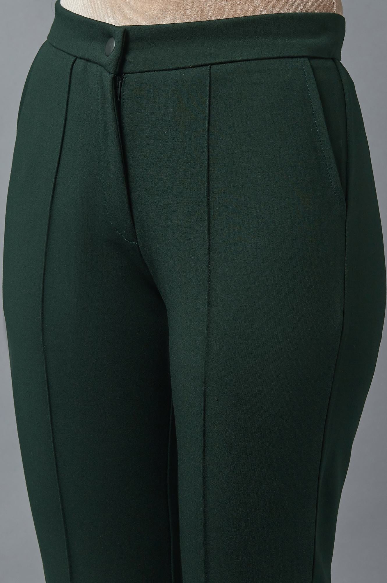 Bottle Green Solid Straight Fit Trousers With Pintuck Detail