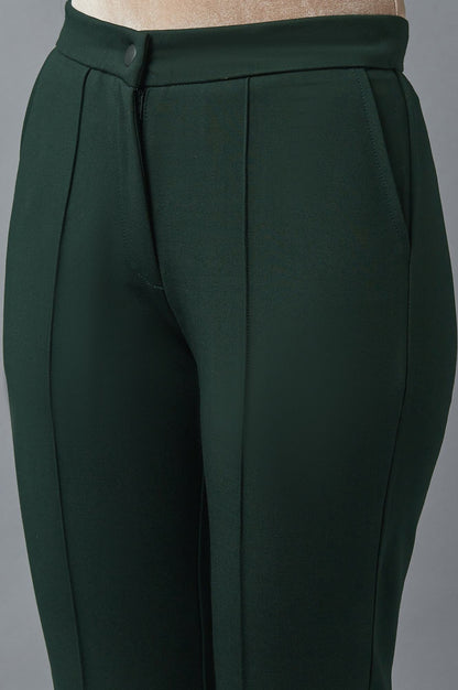 Bottle Green Solid Straight Fit Trousers With Pintuck Detail