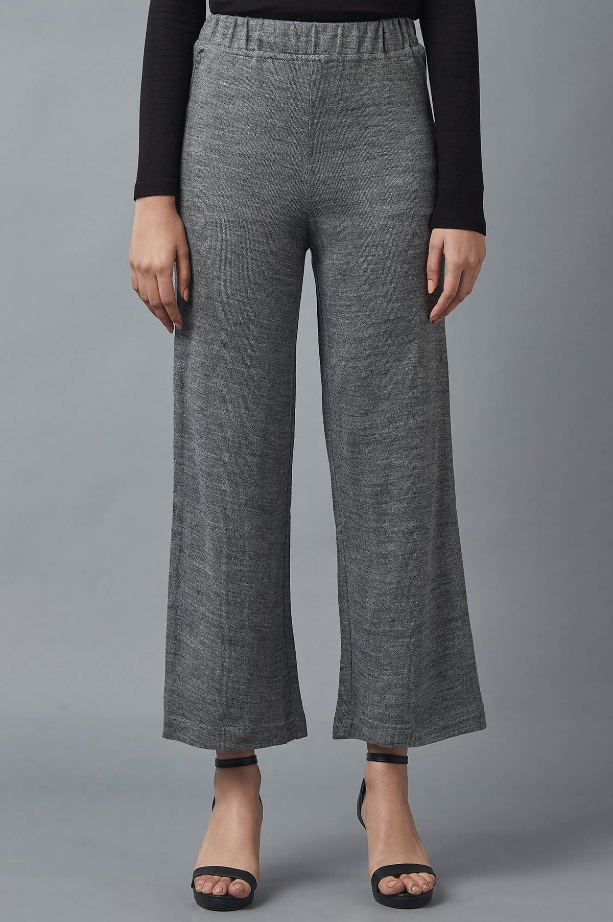 Elleven Women's Grey Solid Straight Fit Acrylic Palazzo With Elasticated Waist - S