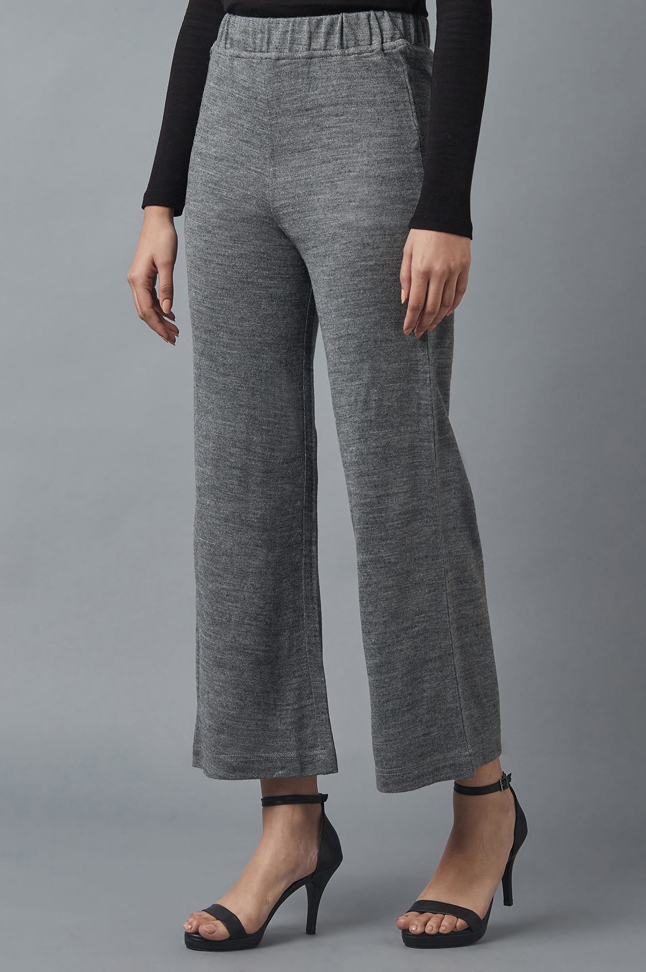 Grey Solid Straight Fit Acrylic Palazzo With Elasticated Waist