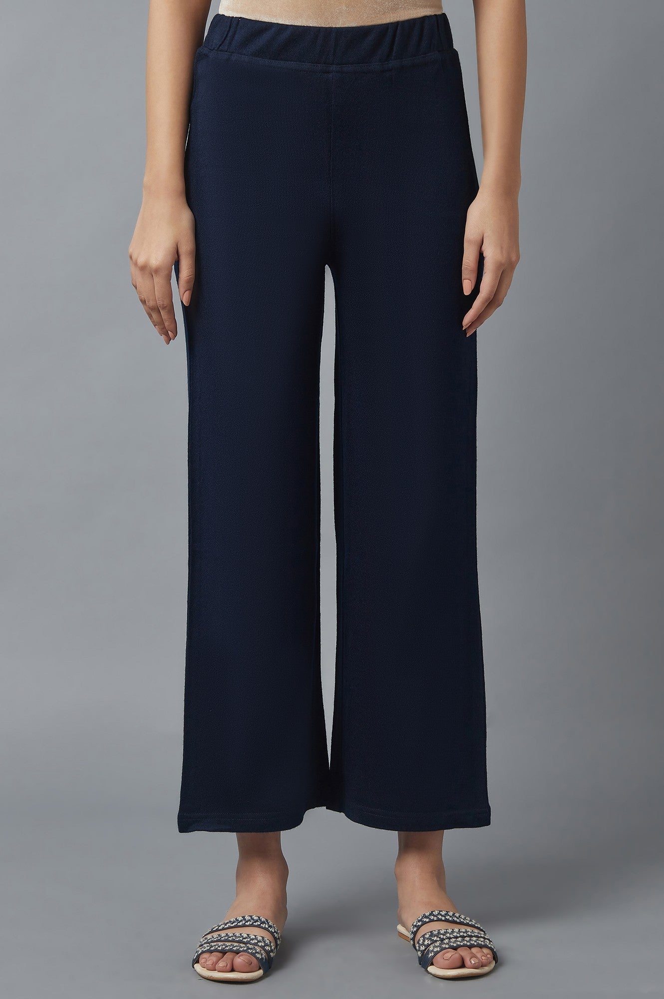 Navy Blue Solid Straight Fit Acrylic Palazzo With Elasticated Waist