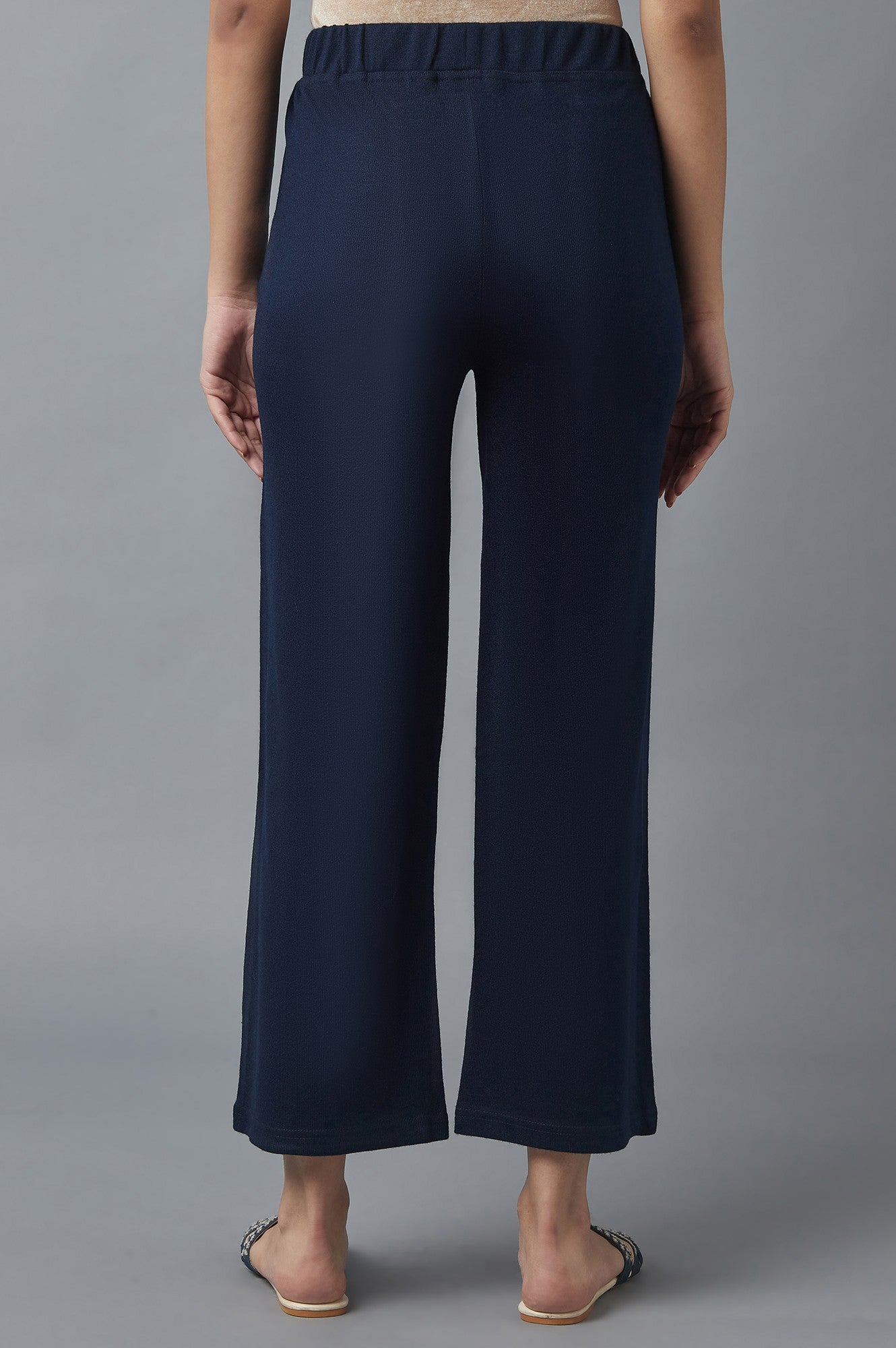 Navy Blue Solid Straight Fit Acrylic Palazzo With Elasticated Waist