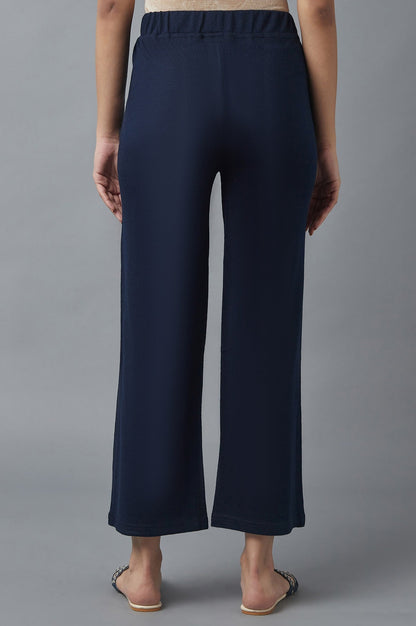Navy Blue Solid Straight Fit Acrylic Palazzo With Elasticated Waist