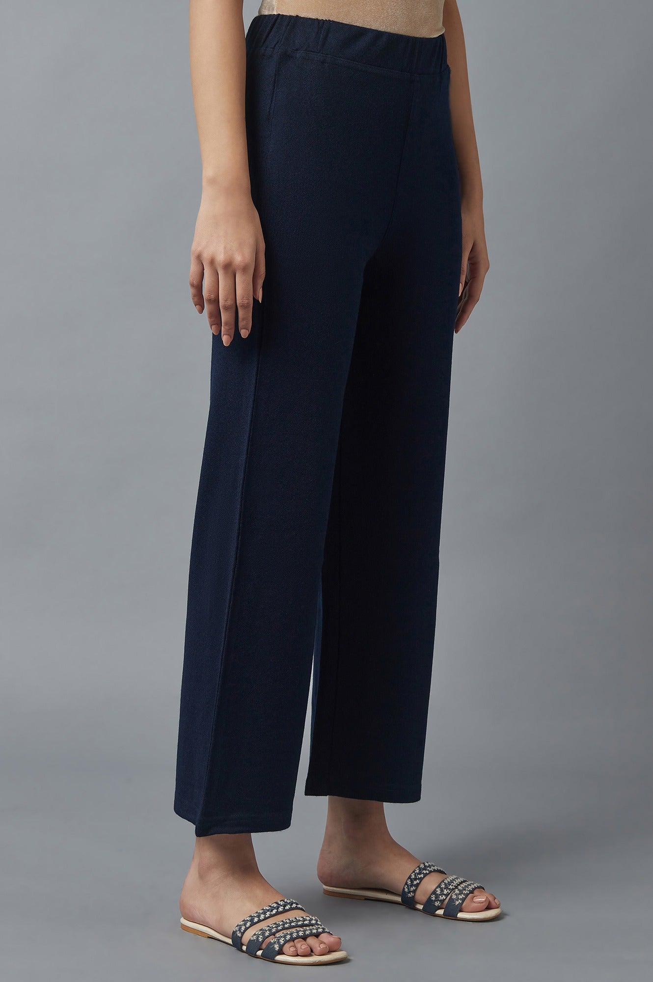 Navy Blue Solid Straight Fit Acrylic Palazzo With Elasticated Waist