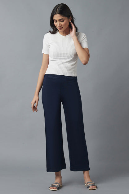 Navy Blue Solid Straight Fit Acrylic Palazzo With Elasticated Waist