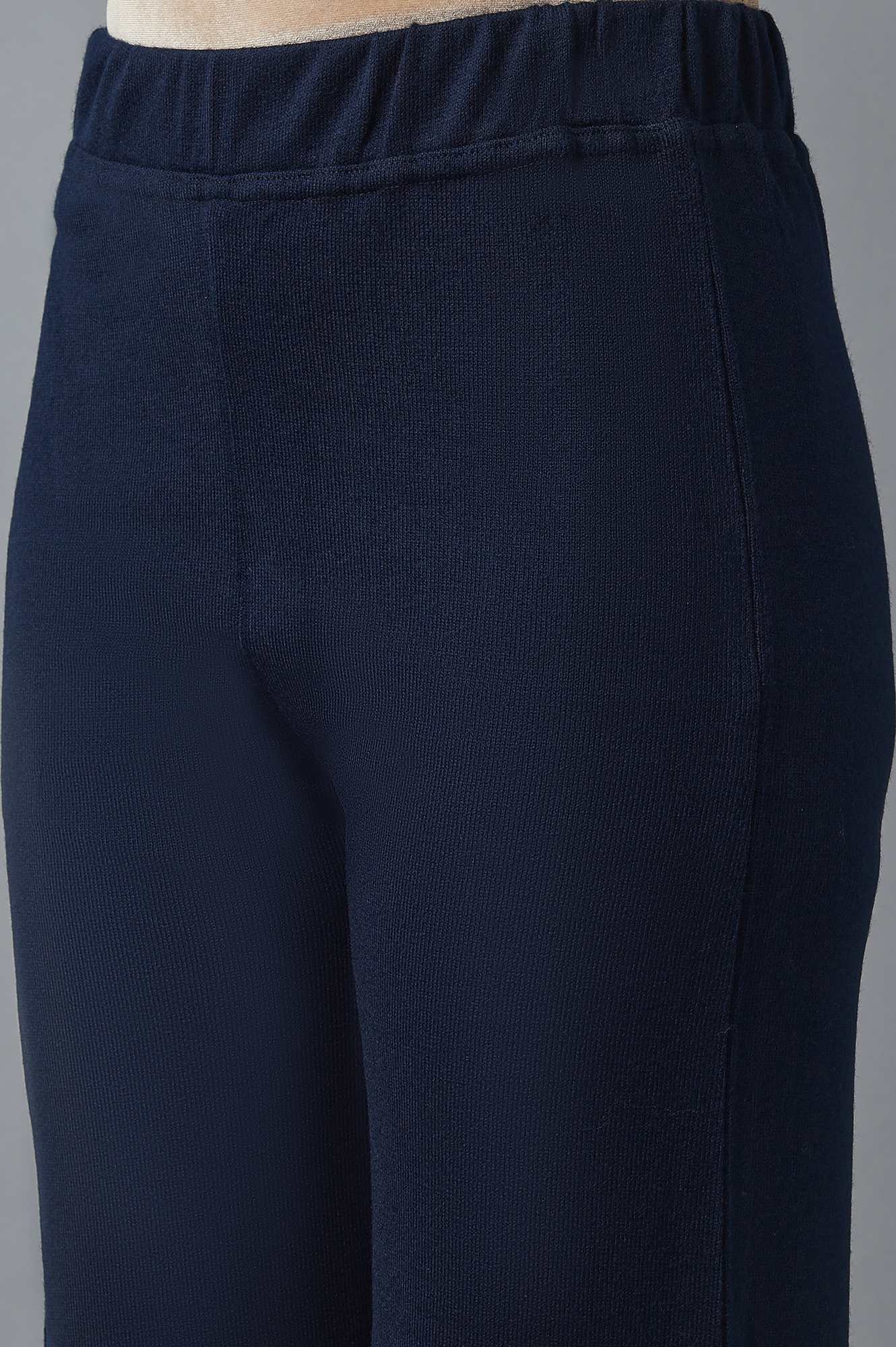 Navy Blue Solid Straight Fit Acrylic Palazzo With Elasticated Waist