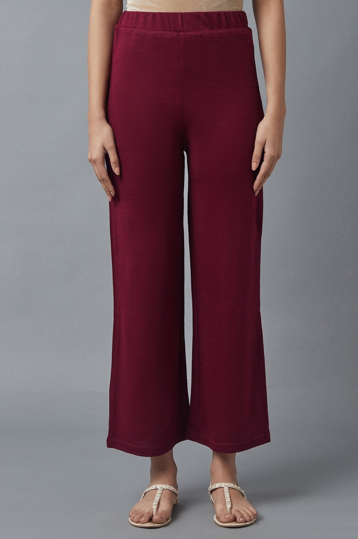 Elleven Women's Maroon Solid Straight Fit Acrylic Palazzo With Elasticated Waist - XS