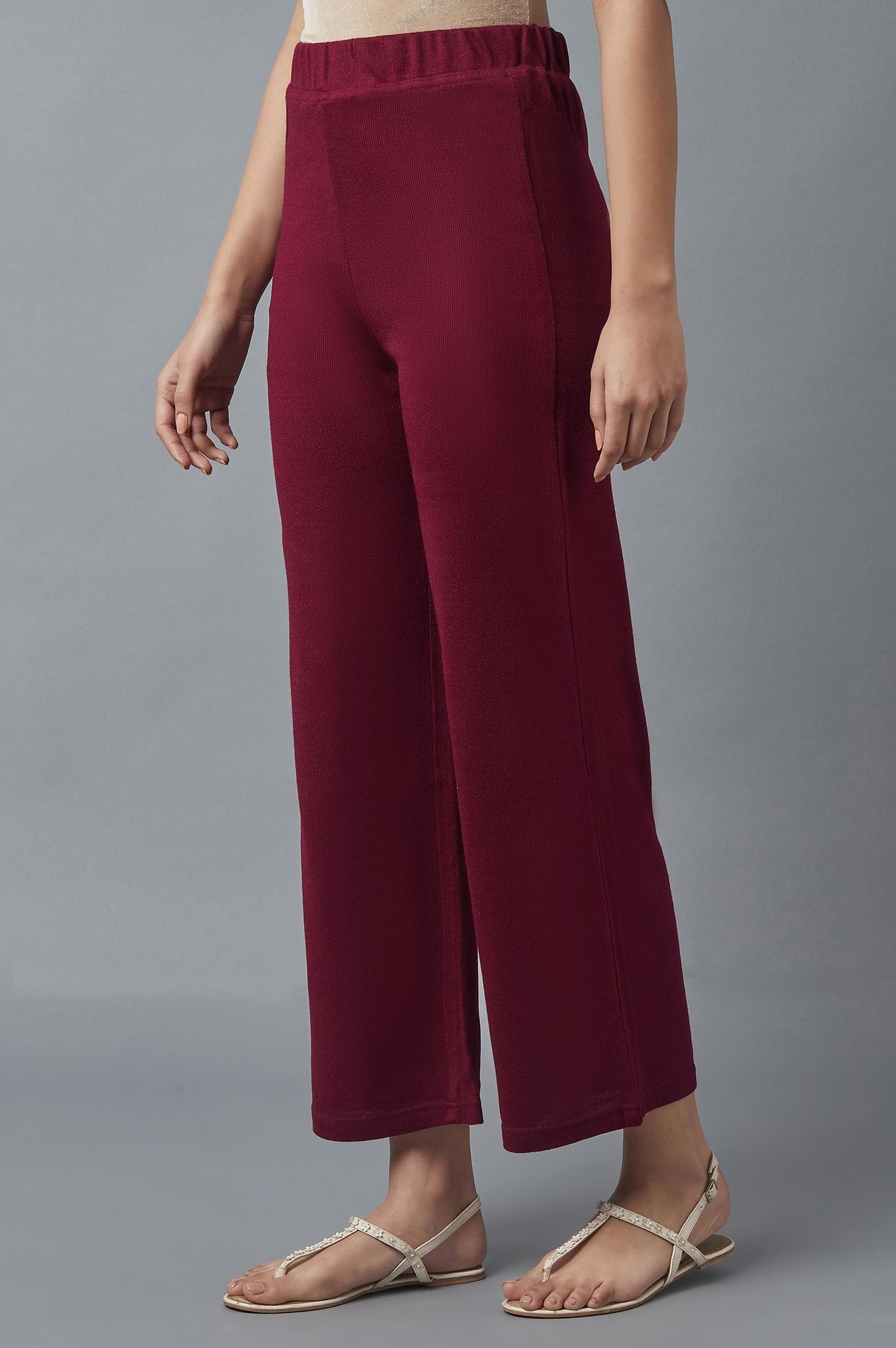 Maroon Solid Straight Fit Acrylic Palazzo With Elasticated Waist