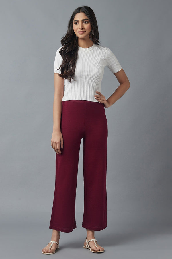 Elleven Women's Maroon Solid Straight Fit Acrylic Palazzo With Elasticated Waist