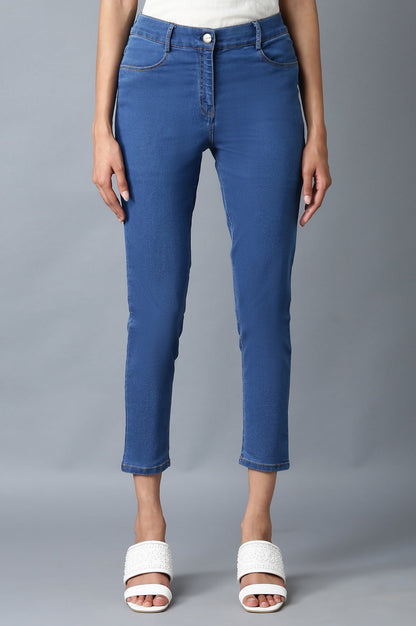 Ice Blue Solid Slim-fit Denim Pants with Front Zip Closure