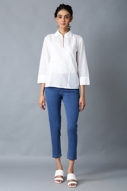 Ice Blue Solid Slim-fit Denim Pants with Front Zip Closure