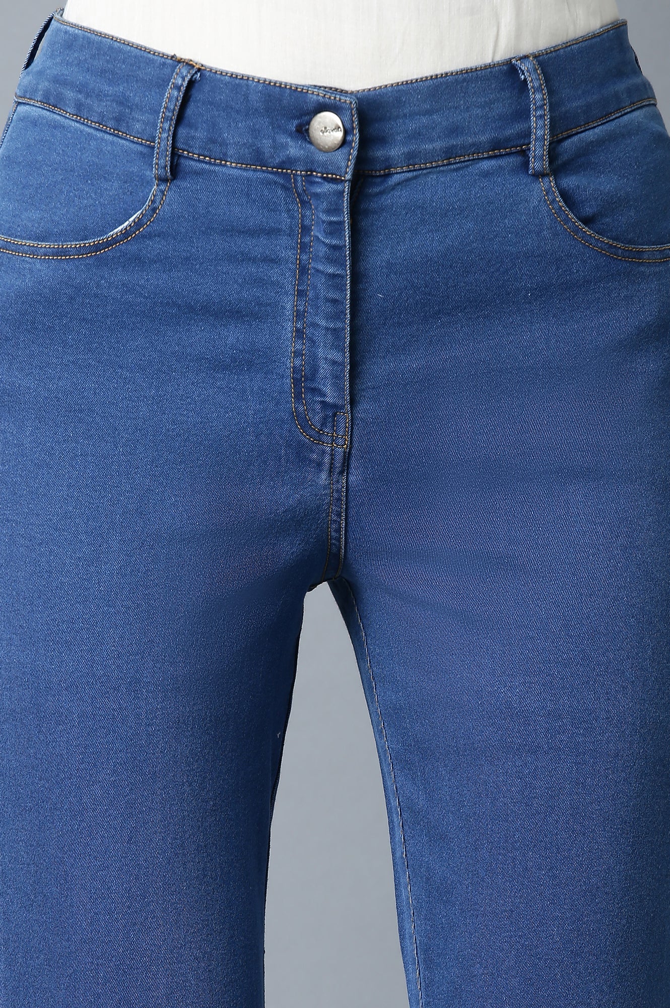 Ice Blue Solid Slim-fit Denim Pants with Front Zip Closure
