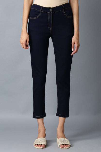 Navy Blue Solid Slim Fit Denim Pants With Front Zip