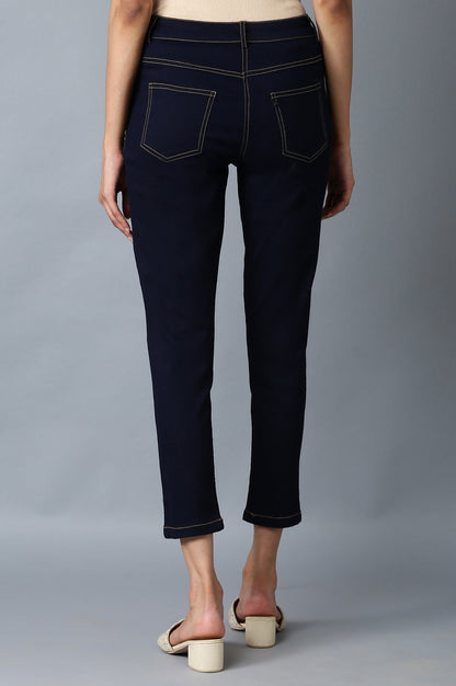 Navy Blue Solid Slim Fit Denim Pants With Front Zip