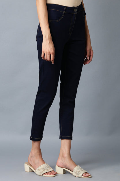 Navy Blue Solid Slim Fit Denim Pants With Front Zip