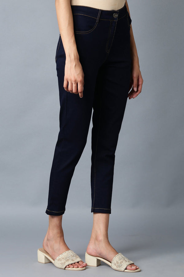 Navy Blue Solid Slim Fit Denim Pants With Front Zip