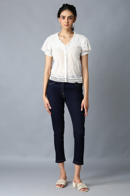 Navy Blue Solid Slim Fit Denim Pants With Front Zip