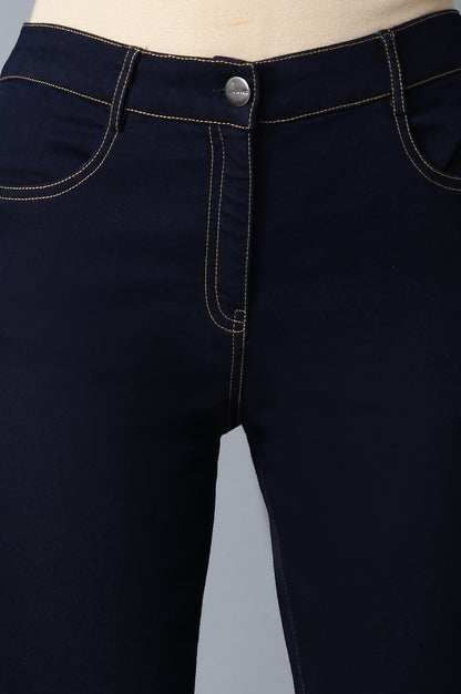 Navy Blue Solid Slim Fit Denim Pants With Front Zip