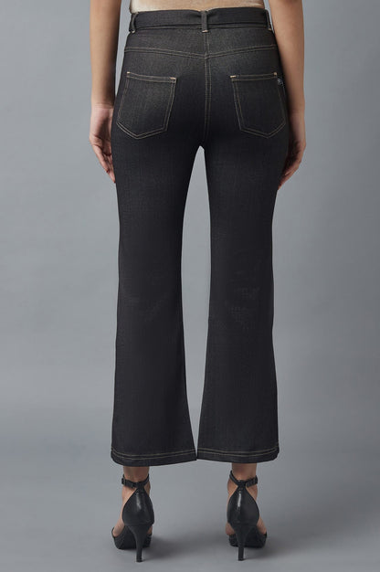Black Solid Boot Cut Denim Pants With Waist Belt