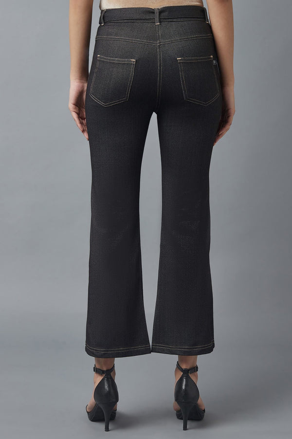 Elleven Women's Black Solid Boot Cut Denim Pants With Waist Belt