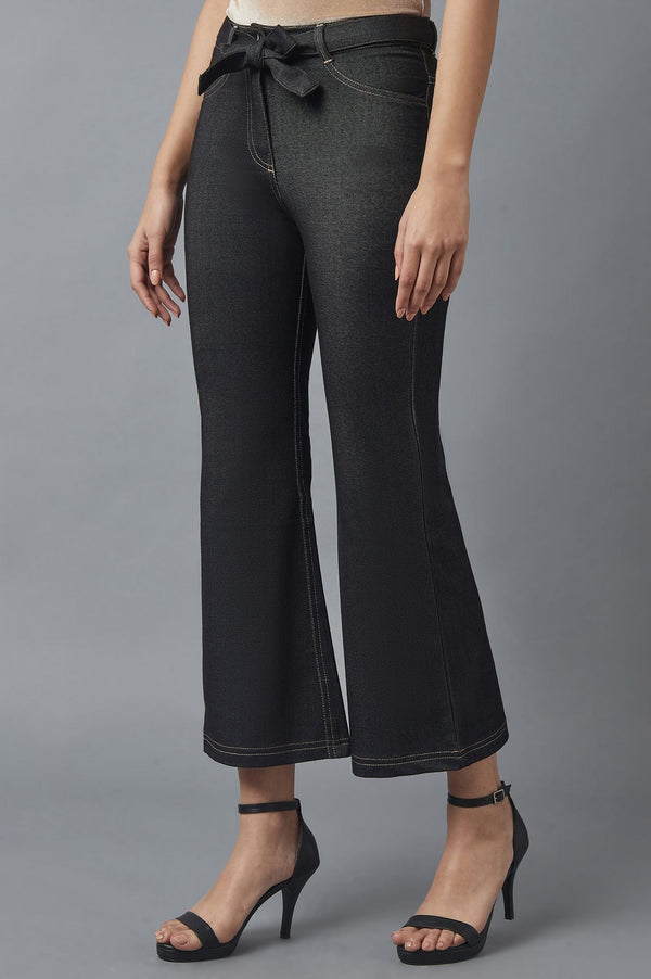 Elleven Women's Black Solid Boot Cut Denim Pants With Waist Belt