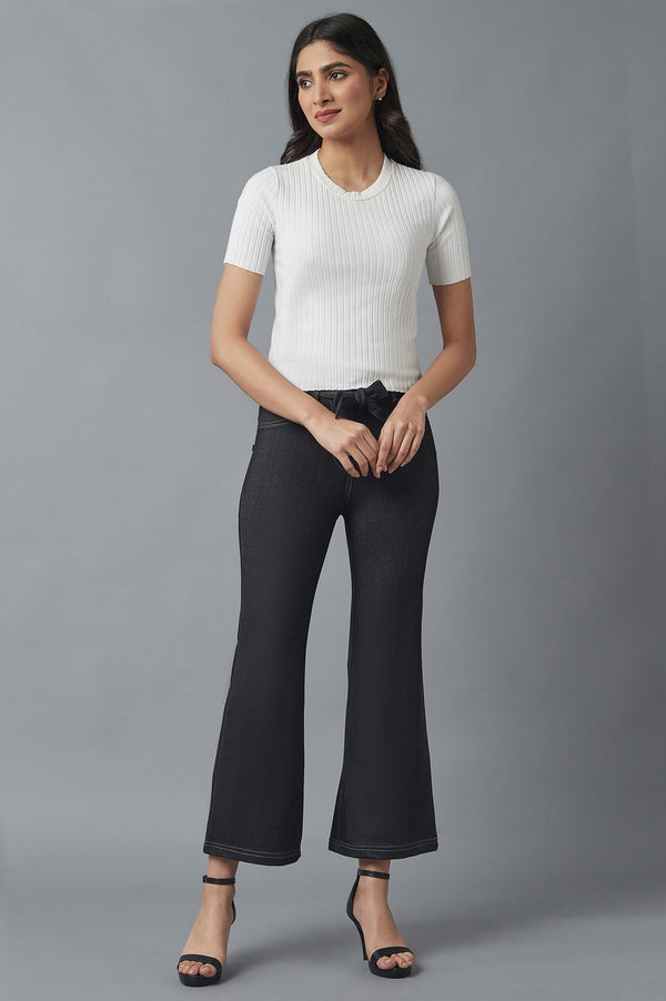 Elleven Women's Black Solid Boot Cut Denim Pants With Waist Belt