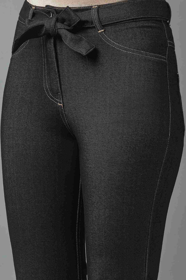 Elleven Women's Black Solid Boot Cut Denim Pants With Waist Belt