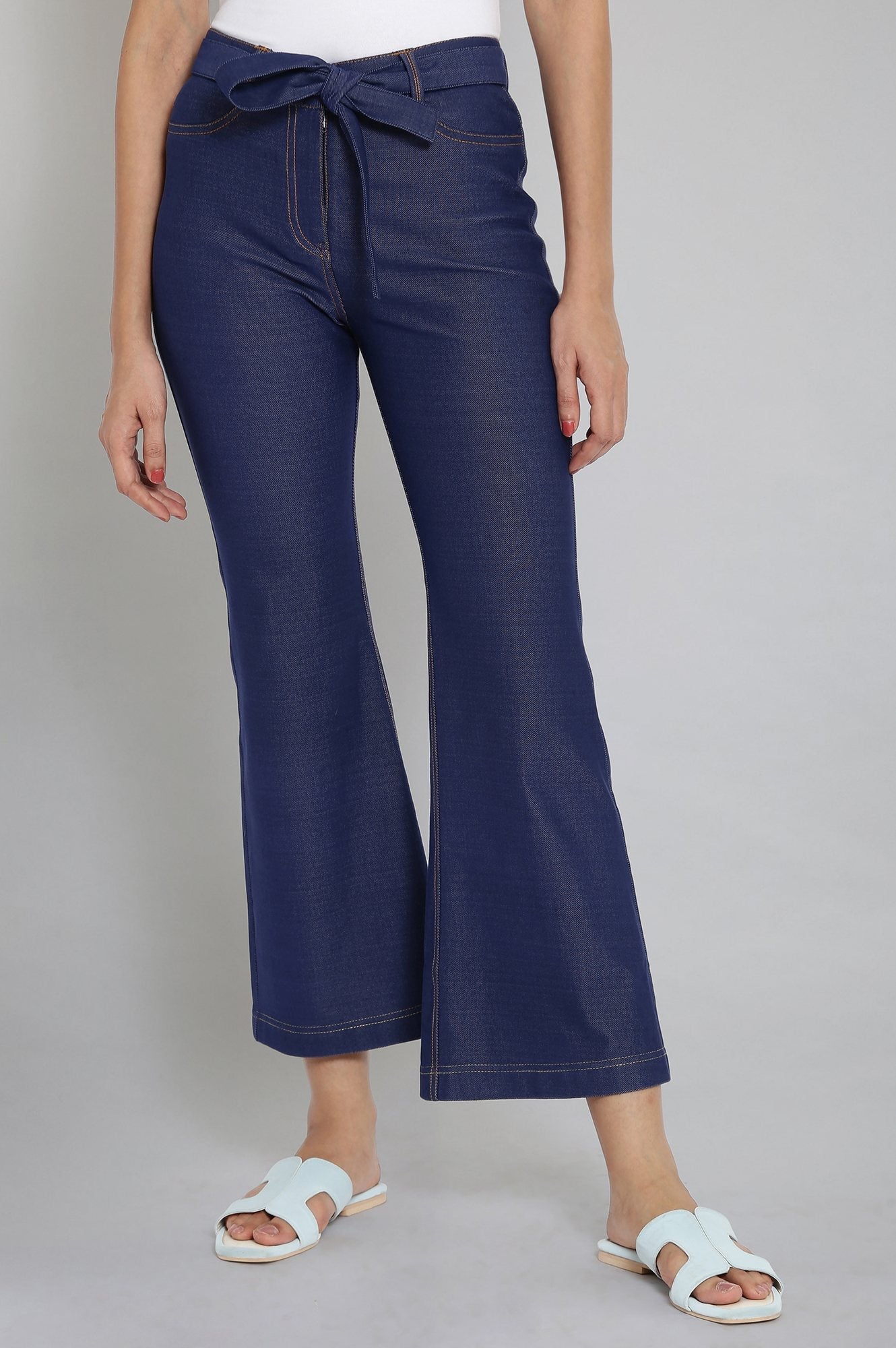 Navy Blue Solid Boot Cut Denim Pants With Waist Belt