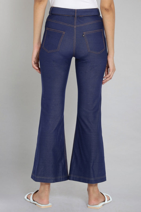 Elleven Women's Navy Blue Solid Boot Cut Denim Pants With Waist Belt