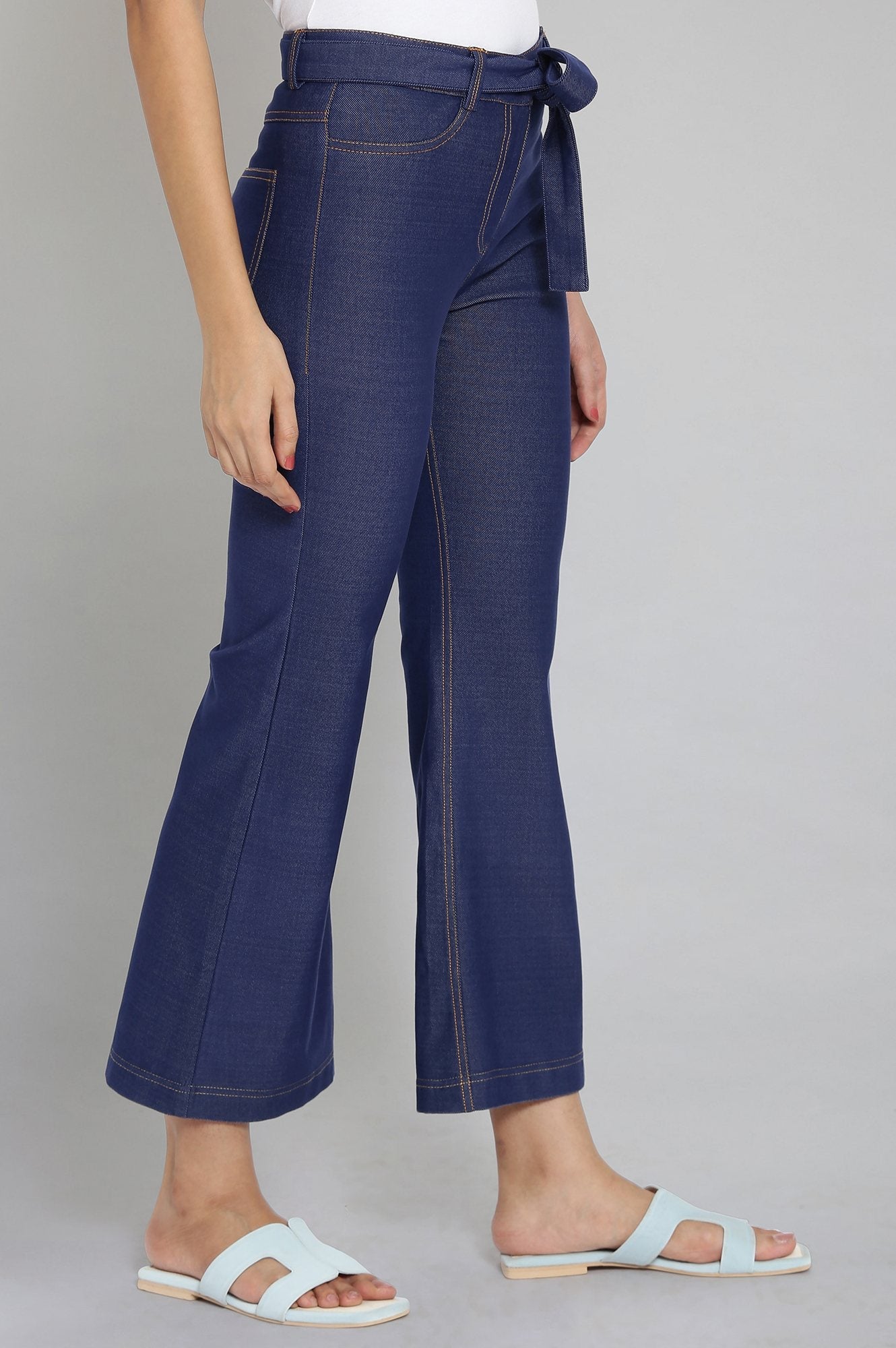 Navy Blue Solid Boot Cut Denim Pants With Waist Belt