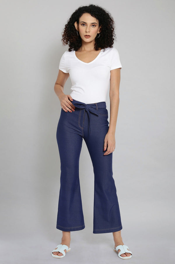Elleven Women's Navy Blue Solid Boot Cut Denim Pants With Waist Belt