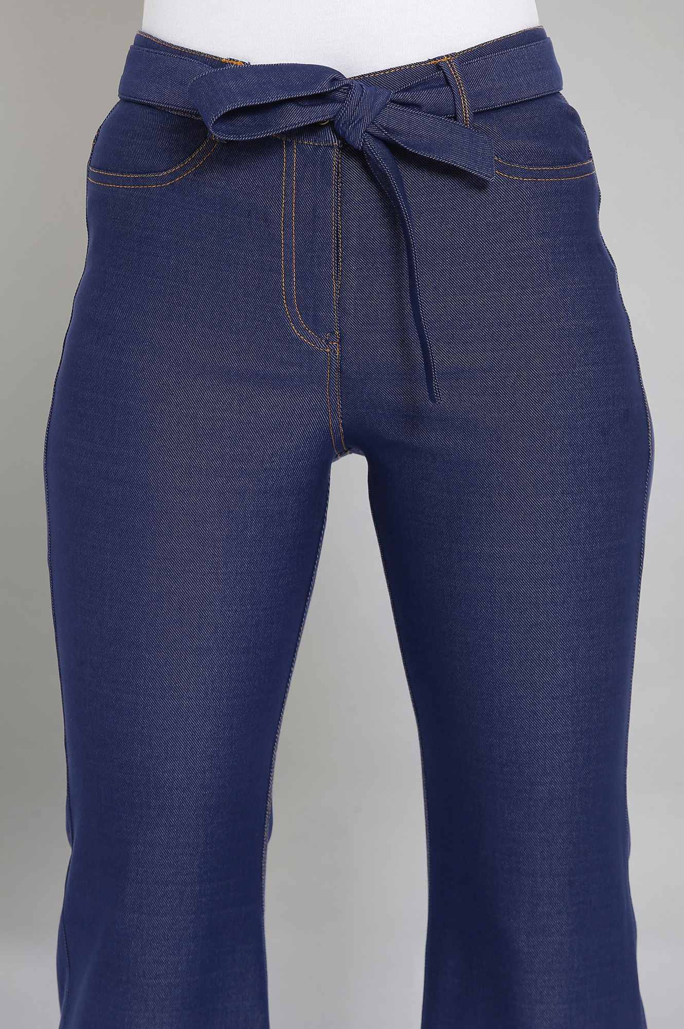 Navy Blue Solid Boot Cut Denim Pants With Waist Belt