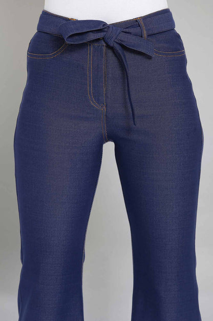 Navy Blue Solid Boot Cut Denim Pants With Waist Belt