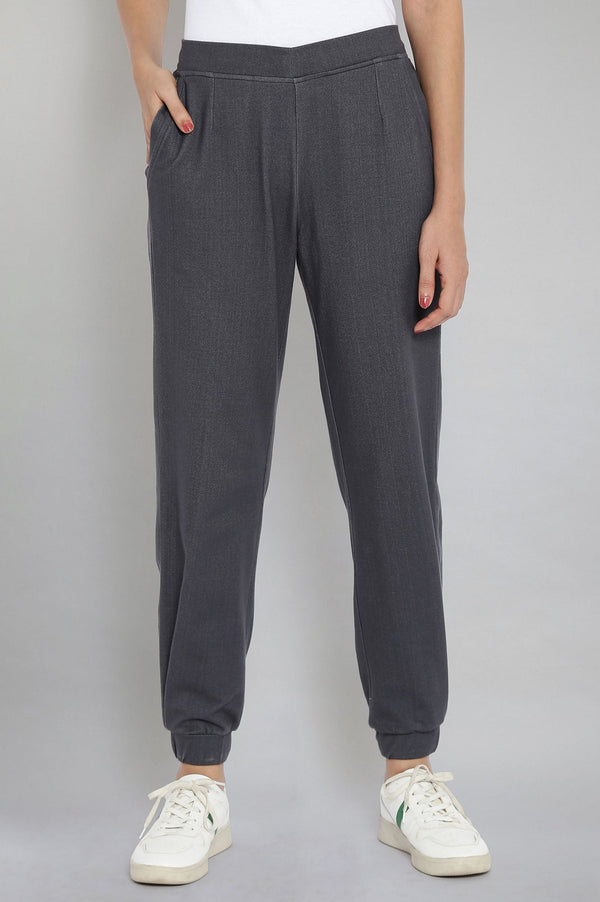 Elleven Women's Grey Solid Tapered Cotton Joggers With Elasticated Waist