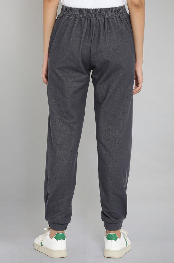Elleven Women's Grey Solid Tapered Cotton Joggers With Elasticated Waist