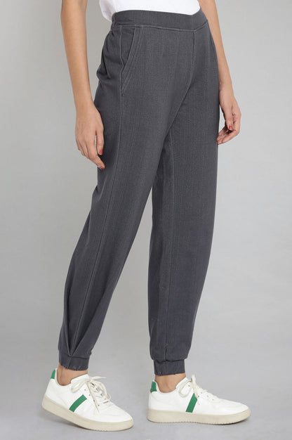 Grey Solid Tapered Cotton Joggers With Elasticated Waist