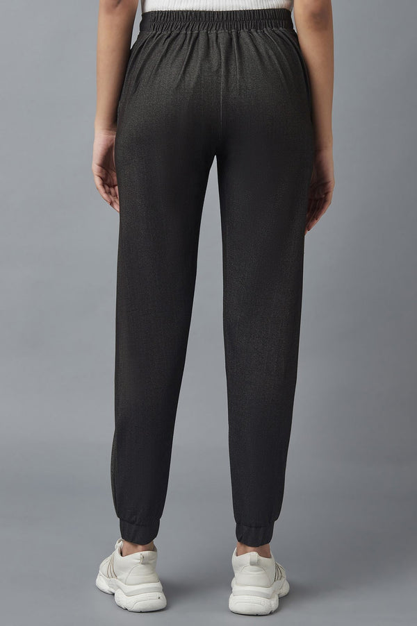Elleven Women's Black Solid Tapered Cotton Pants With Pleated Detail